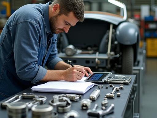 Technician carefully documenting parts of a disassembled classic car