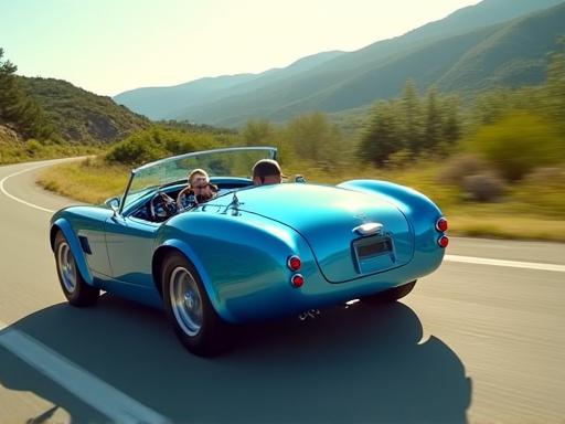 A fully restored blue classic convertible being driven on a test road
