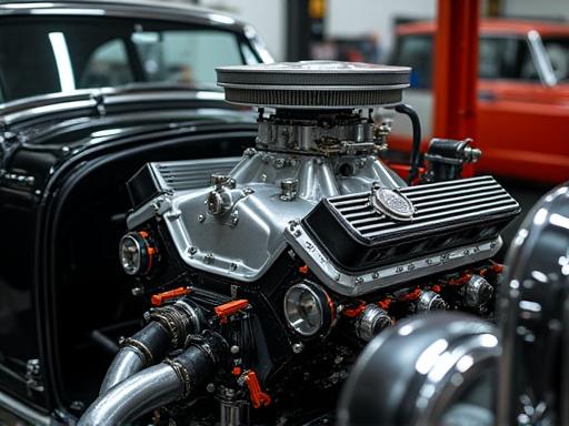 A rebuilt V8 engine being lowered into a classic car chassis