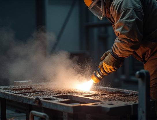 Bare metal chassis of a vintage car undergoing fabrication