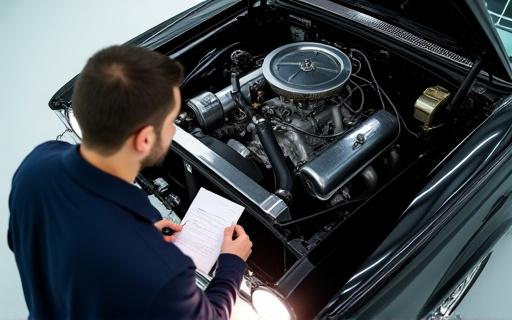 Certified automotive appraiser inspecting a classic car engine bay