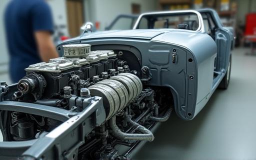 Classic car chassis being restored